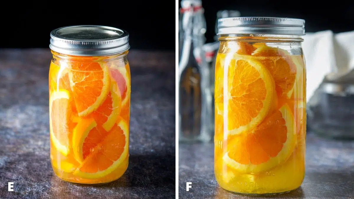 Left - lid on the jar and shaken. Right - jar of vodka and orange slices after 5 days