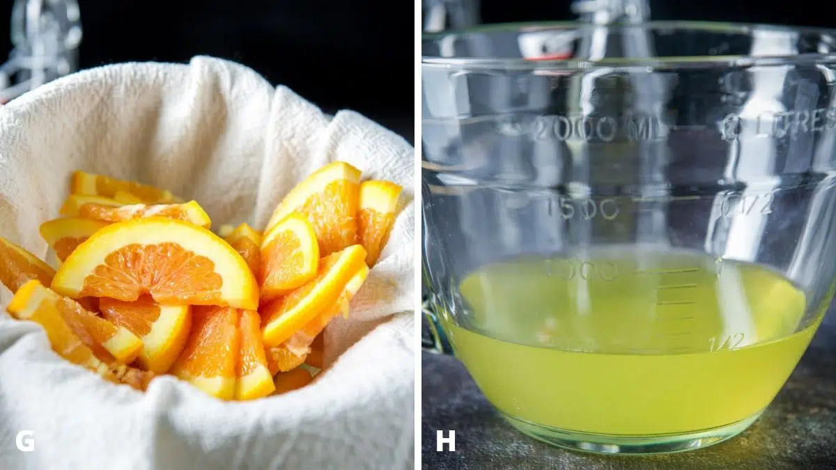 Left - a sieve with cheesecloth and the oranges dumped in it. Right - a glass bowl with the orange vodka