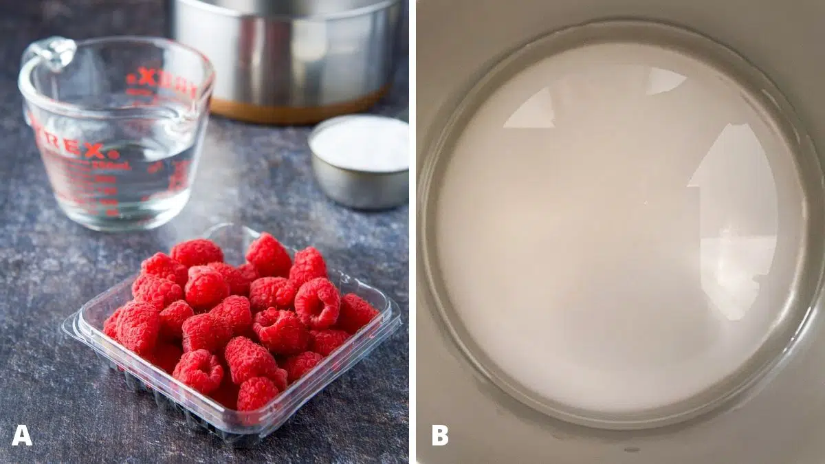Left - raspberries, water, sugar and a pan. Right - water and sugar in the pan