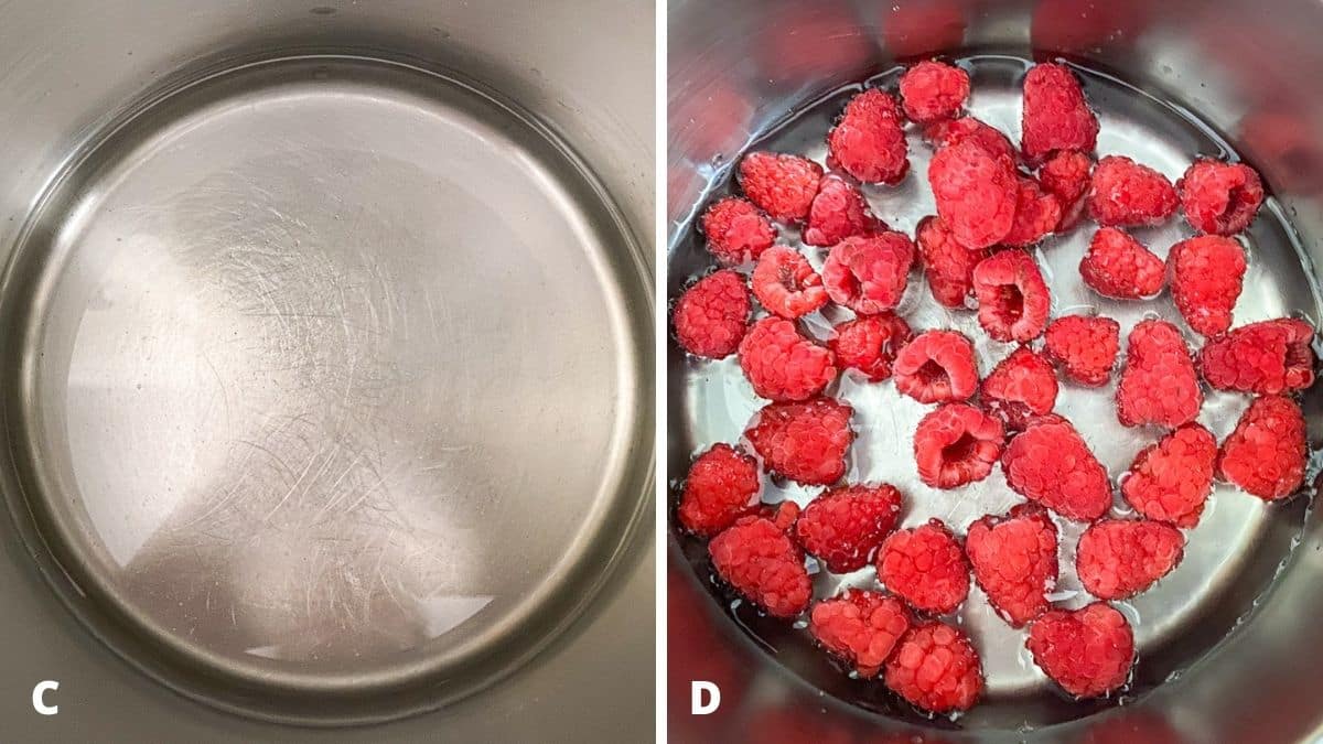 Left - sugar melted in the water. Right - raspberries added to sugar water