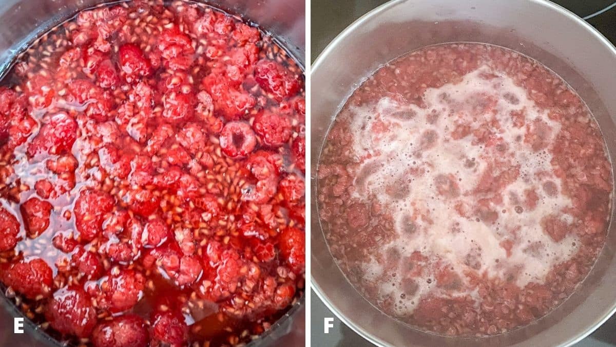 Left - raspberries mushed in the water. Right - raspberry syrup boiled with white foam on top