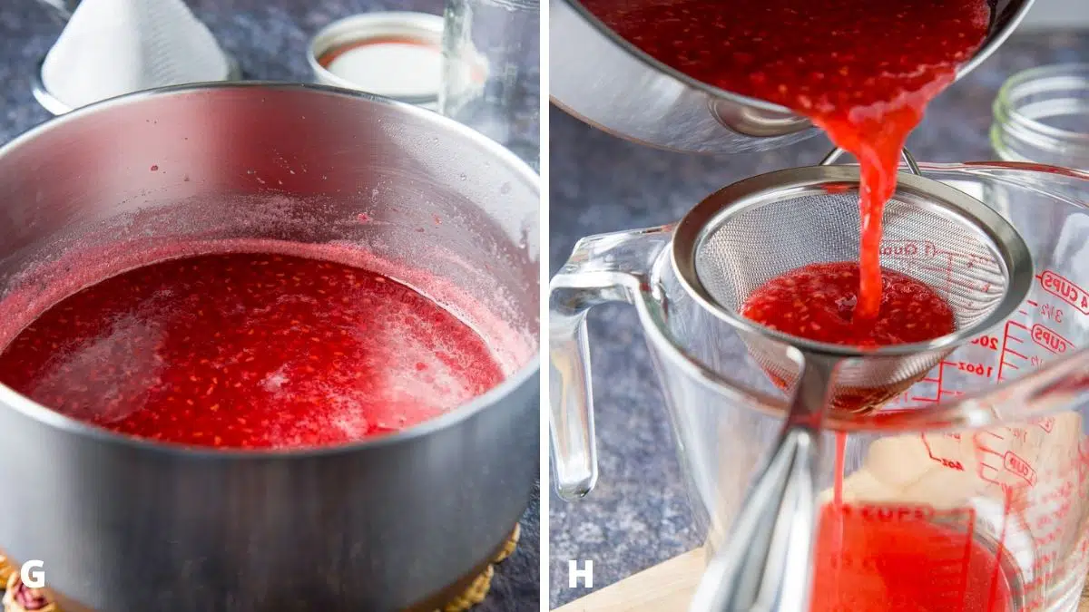 Left - pan with the raspberry syrup finished. Right - syrup being poured in a fine strainer over a glass container