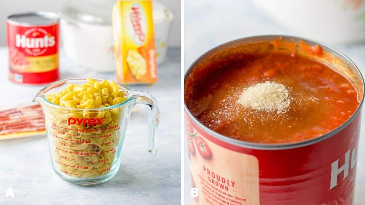 Left - elbow macaroni, bacon, cheese, tomatoes on a table. Right - tomato can opened with sugar in it