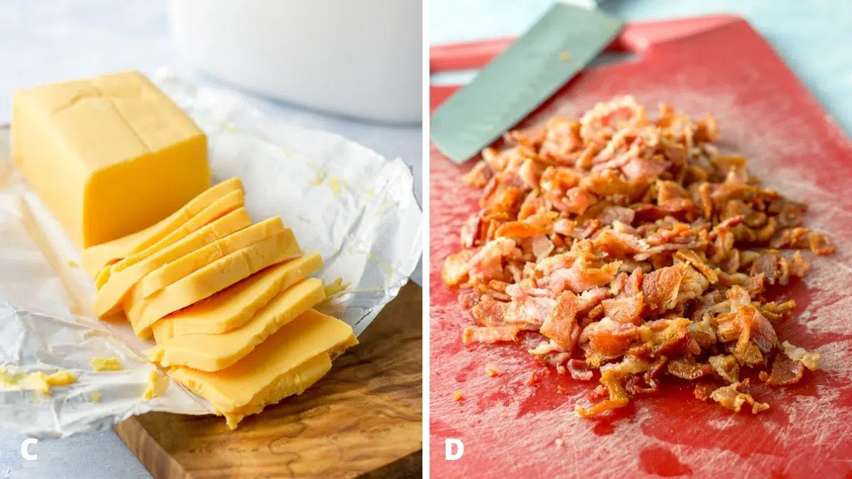 Left - cheese sliced on a board. Right - bacon chopped on a red cutting board