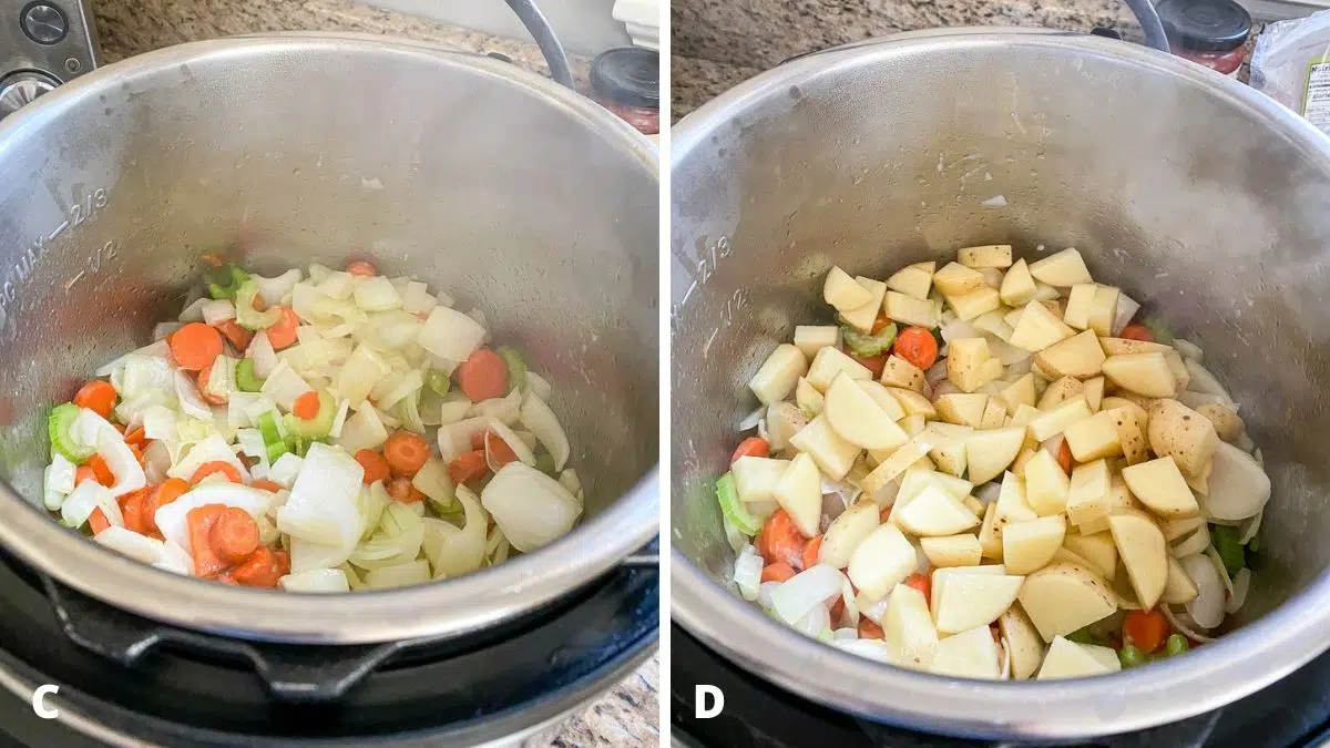 Left - sauteed vegetables in instant pot. Right - potatoes added to veggies