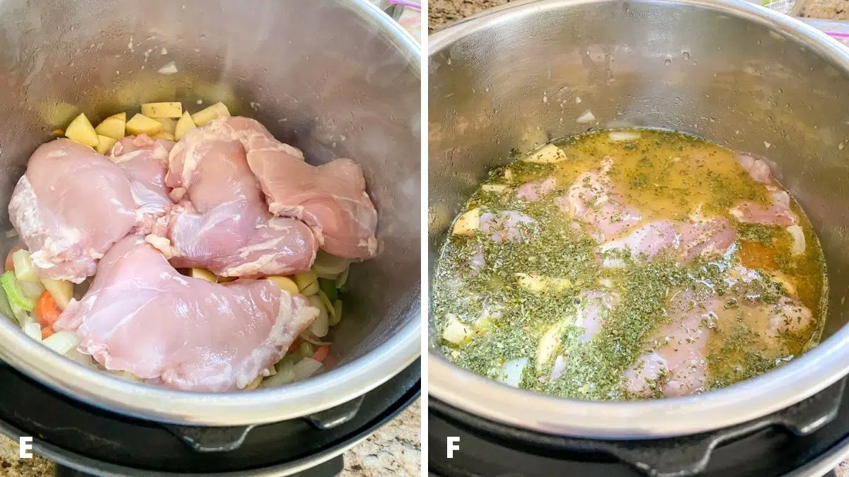 Left - chicken added on the veggies. Right - herbs and broth added to chicken