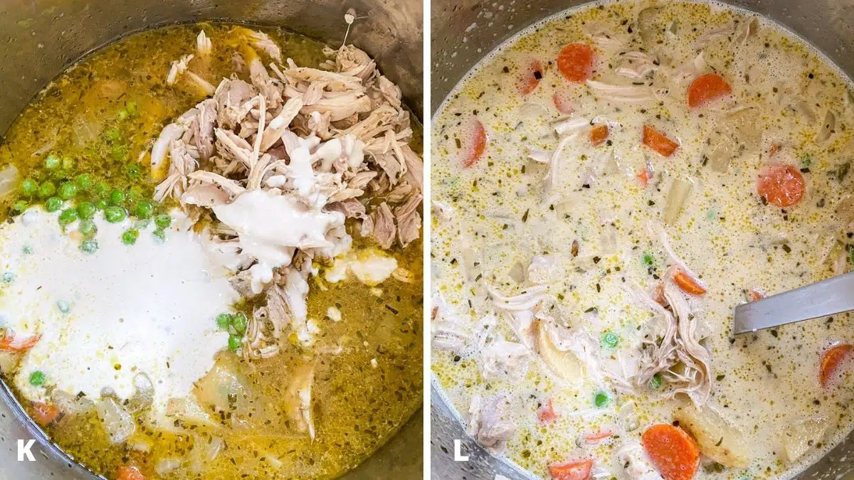 Left - shredded chicken, green peas, and cashew cream added. Right - all the ingredients stirred in