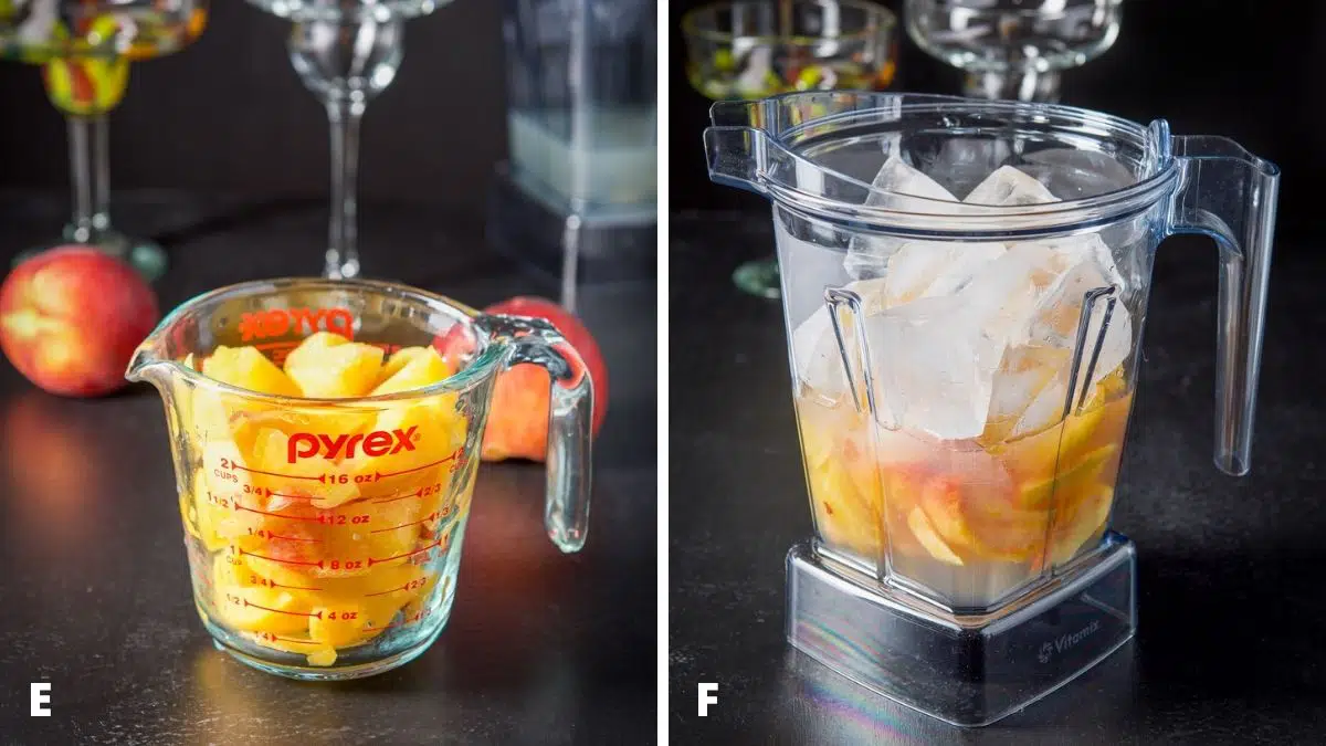 Left - Fresh peaches in a cup measure. Right - all the ingredients plus ice cubes in the blender