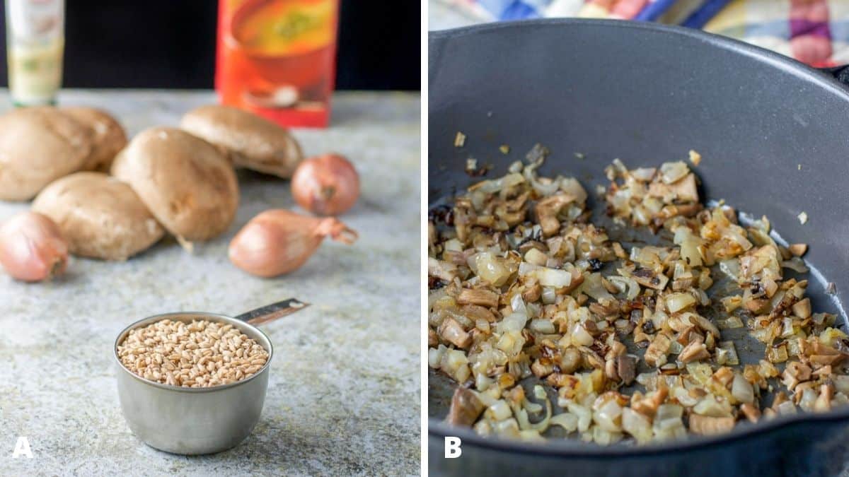 Left - farro, shallots, mushroom caps and garlic. Right - shallots and mushroom stems sauteed in a pan