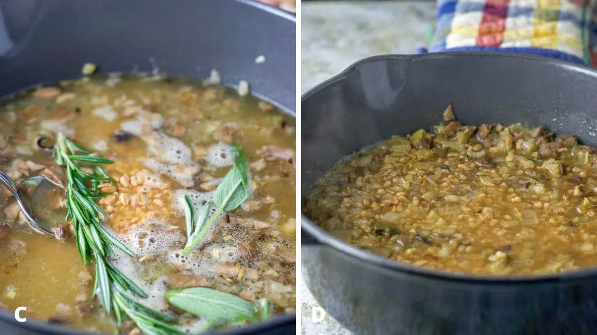 Left - broth, farro, fresh rosemary, and sage added to pan. Right - farro cooked in the pan