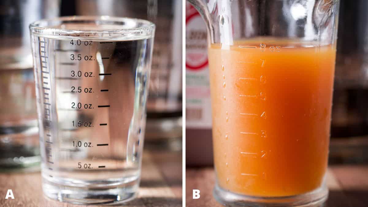 Caramel vodka and apple cider measured out