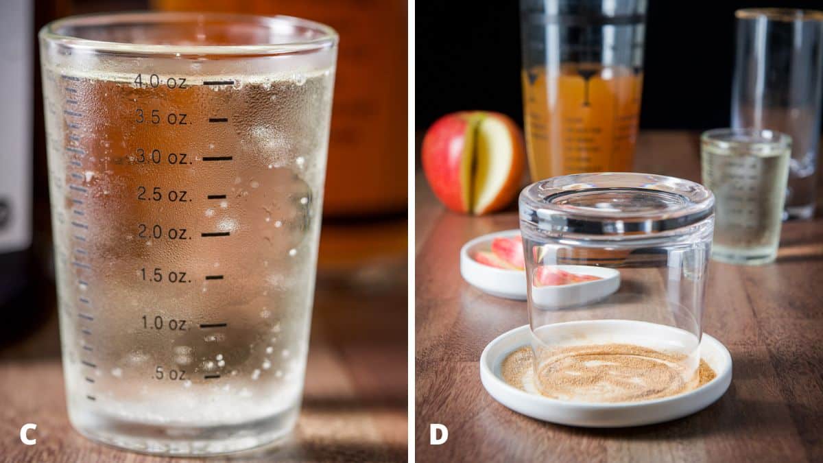 Prosecco measured out and a glass upside down in a white plate with cinnamon and sugar