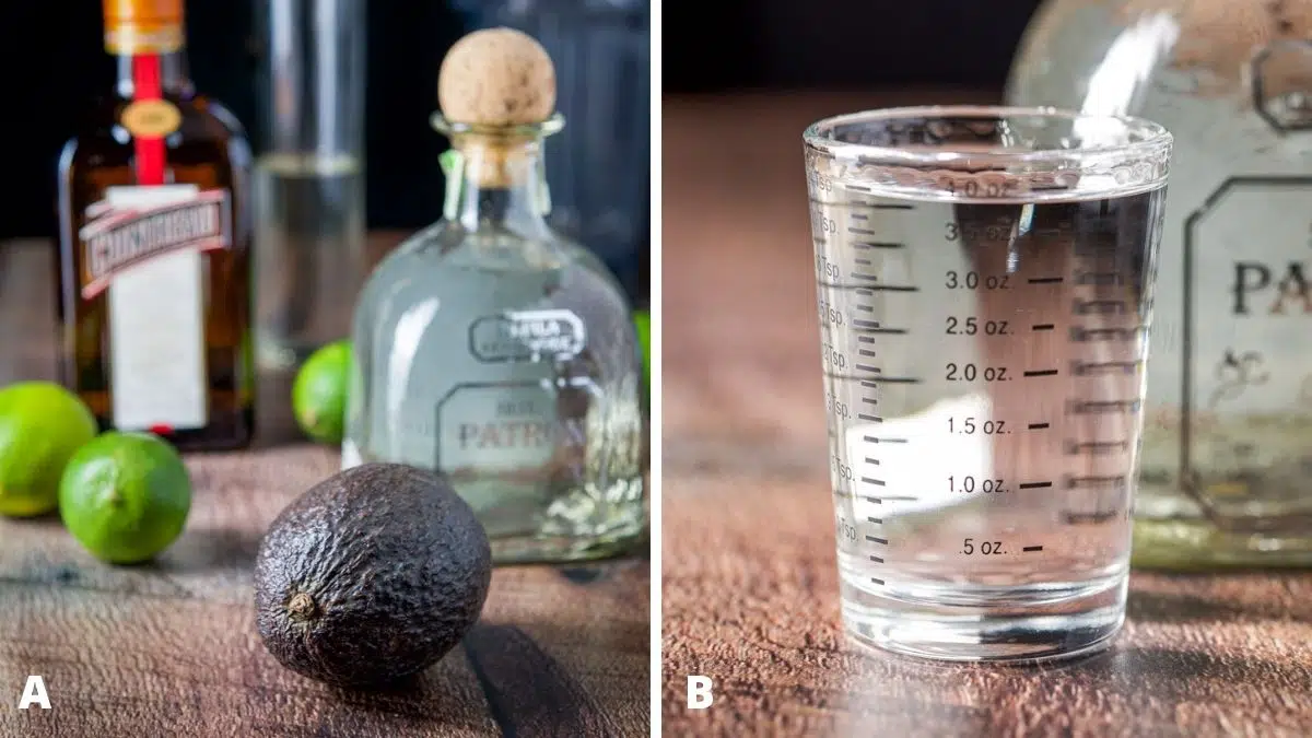 Left - avocado, limes, tequila, cointreau, simple syrup. Right - tequila measured out