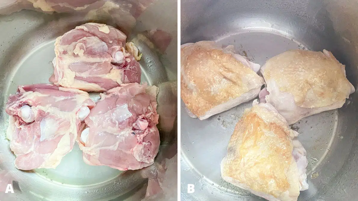 Left - chicken thighs skin side down in pan. Right - thighs flipped to expose skin