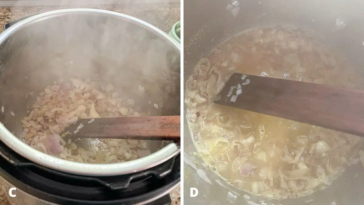 Left - shallots cooking in the pan. Right - chicken broth and cognac added to shallots