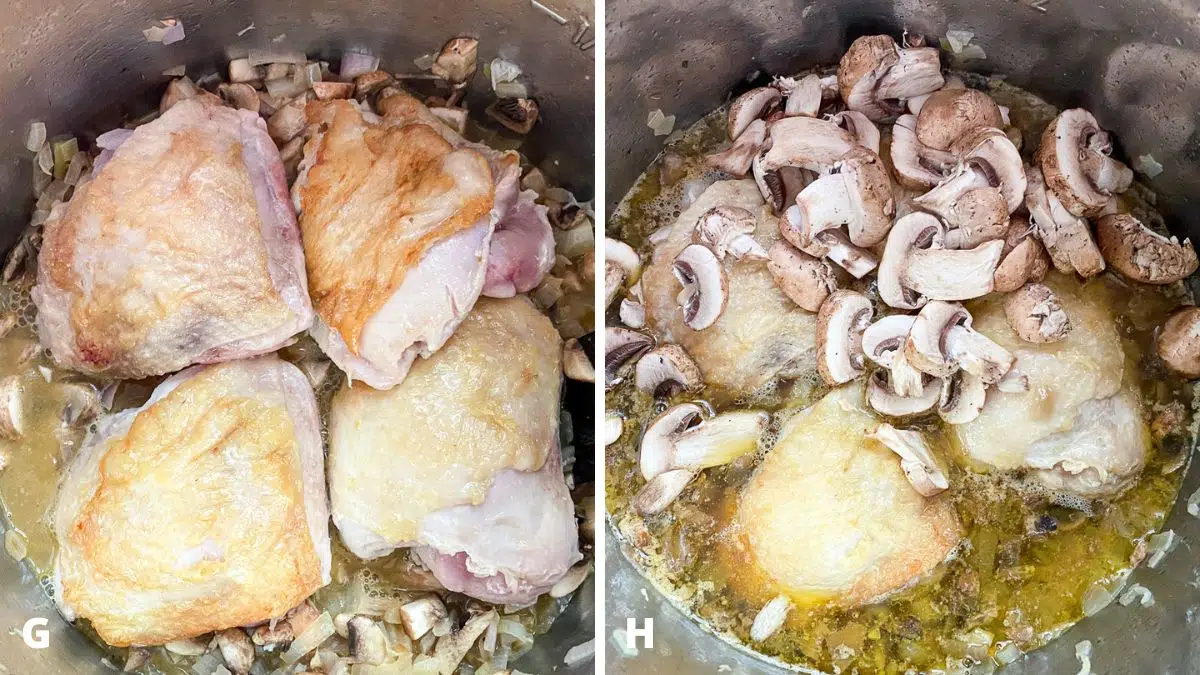 Left - barely cooked chicken thighs on veggies and broth. Right - chicken cooked with sliced mushrooms added to container