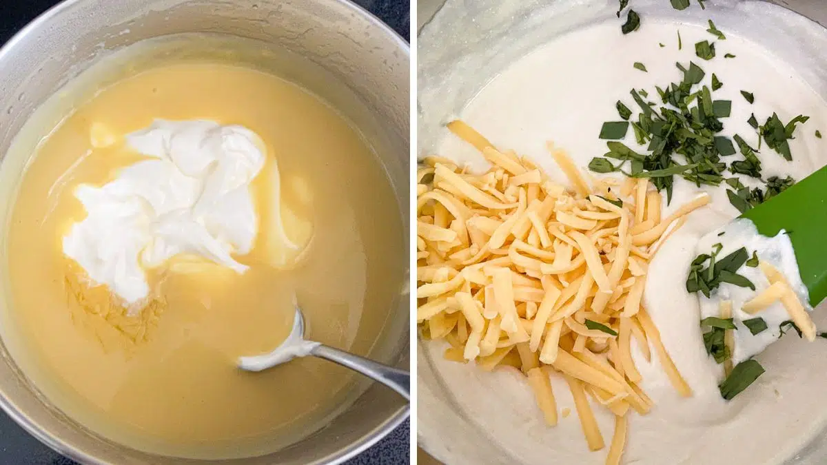 Left - sour cream added to the sauce. Right - the sauce stirred and cheese and tarragon on top