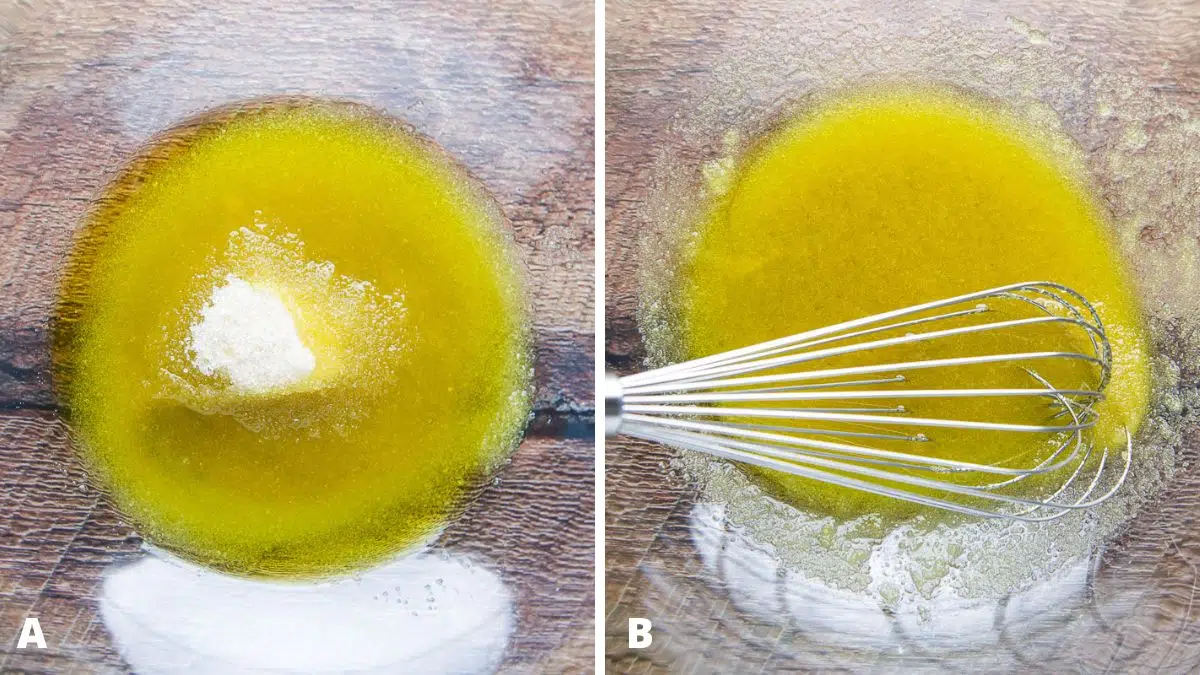 sugar added to oil and then mixed with a whisk