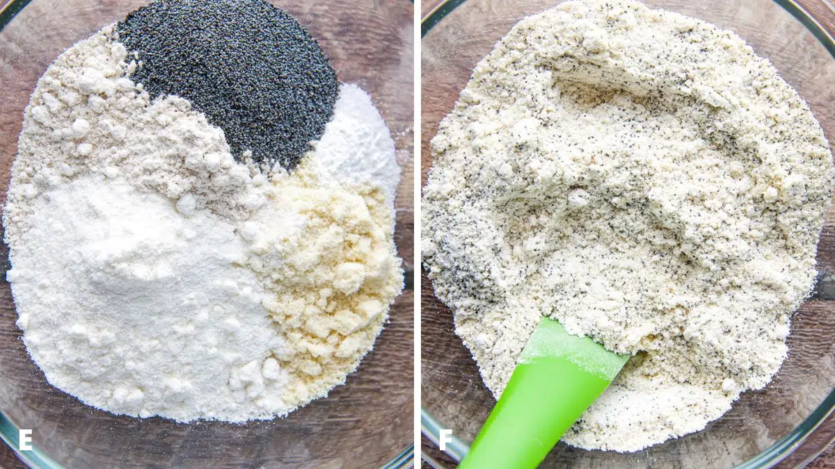 flours, baking powder, salt, and poppy seeds in a bowl and then mixed together