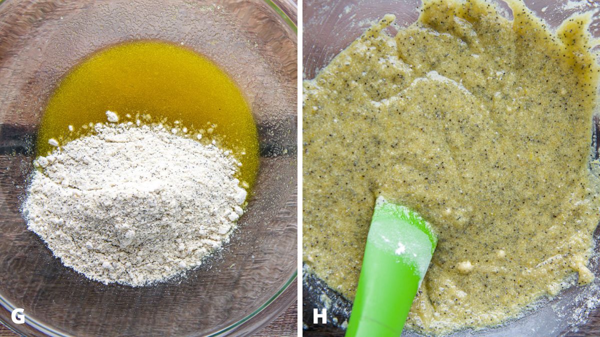 half the dry mixture added to the wet mixture and then mixed with a spatula