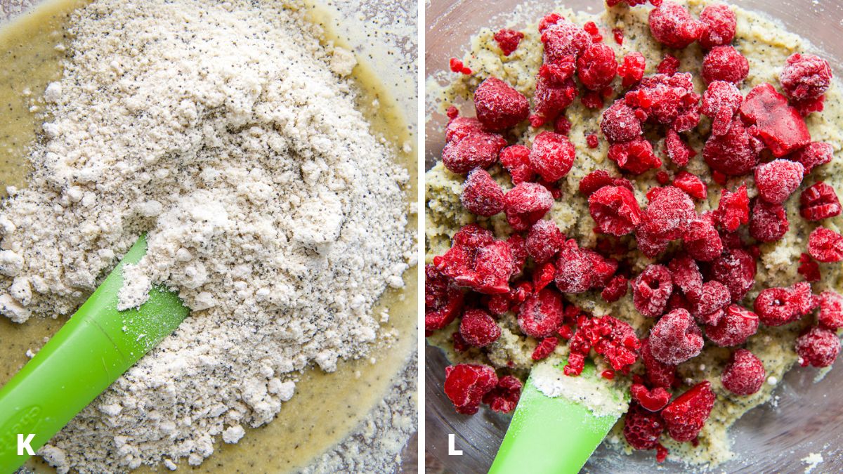 the rest of the dry ingredients added to the batter, mixed and then frozen raspberries added