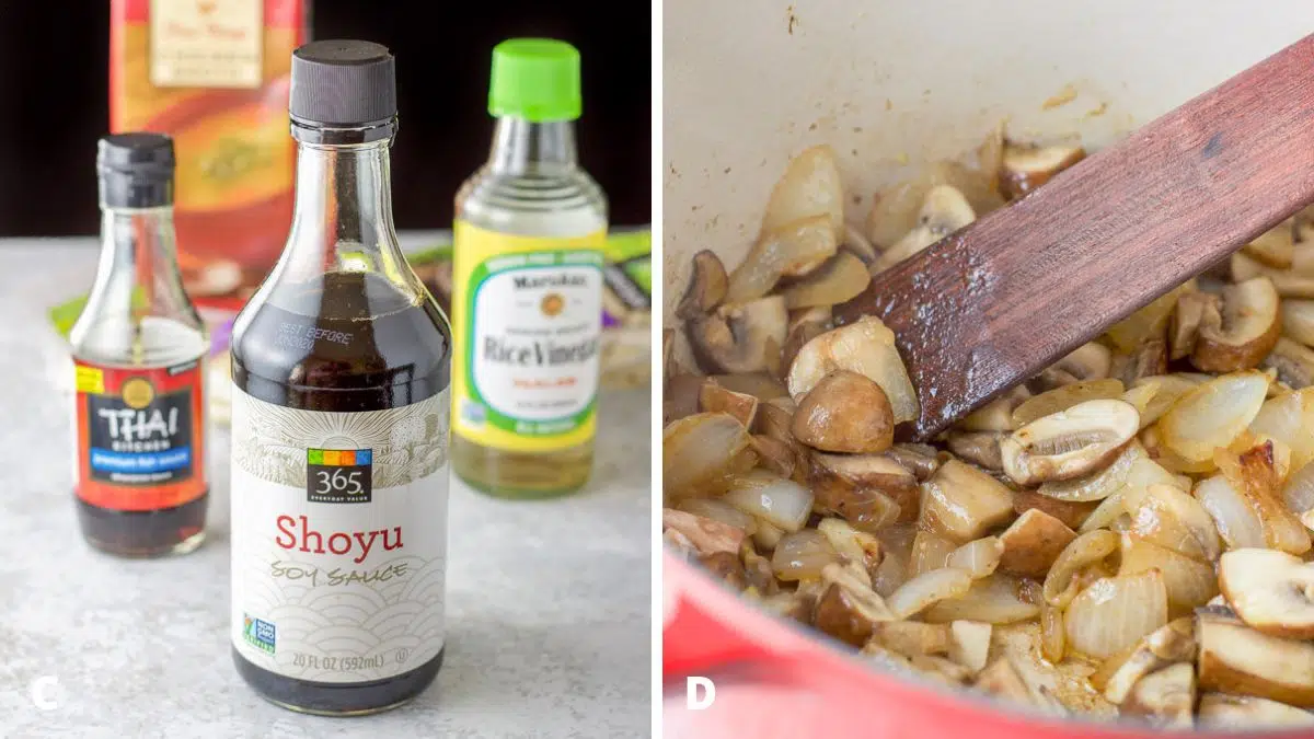 Left - soy, fish sauce, vinegar and broth. Right - onions and mushrooms sauteed