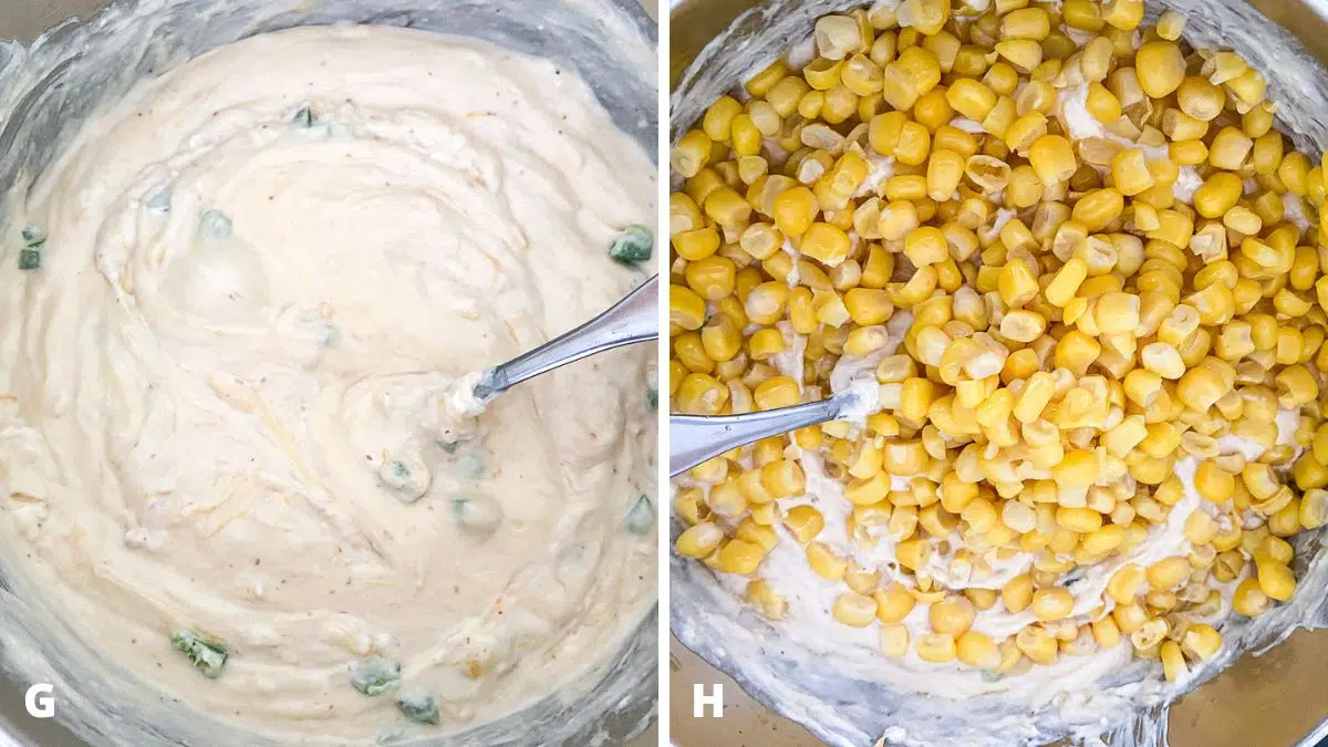 Left - jalapeno bits in the cream cheese mixture. Right - corn added to the mixture