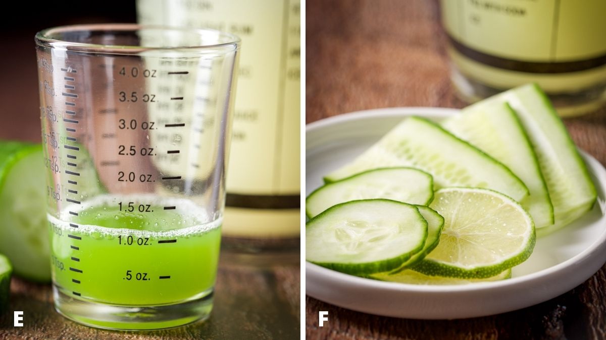 Cucumber juice measured out and cucumber and lime cut for garnish