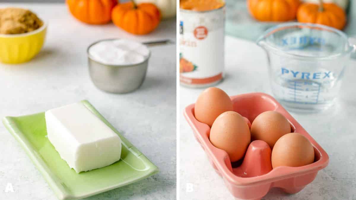 Left - crisco, sugar, and brown sugar. Right - eggs, water, pumpkin puree