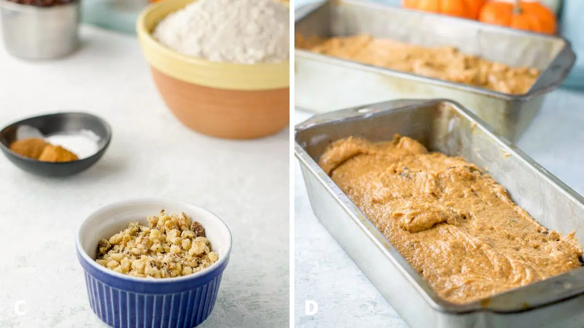 Left - walnuts, cinnamon, baking powder, flour, raisins. Right - two bread pans with the bread batter in it