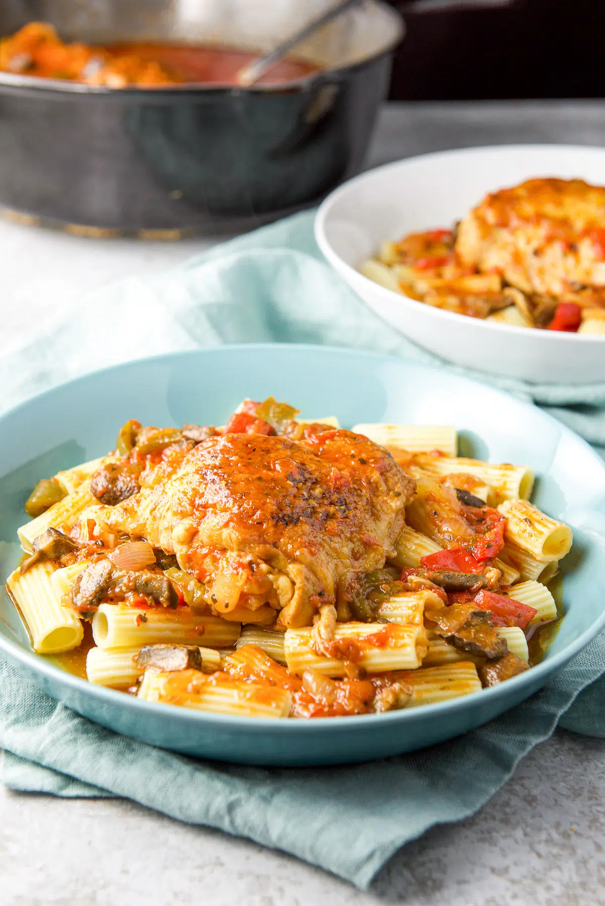 A pan of chicken behind two bowls with pasta and chicken in them