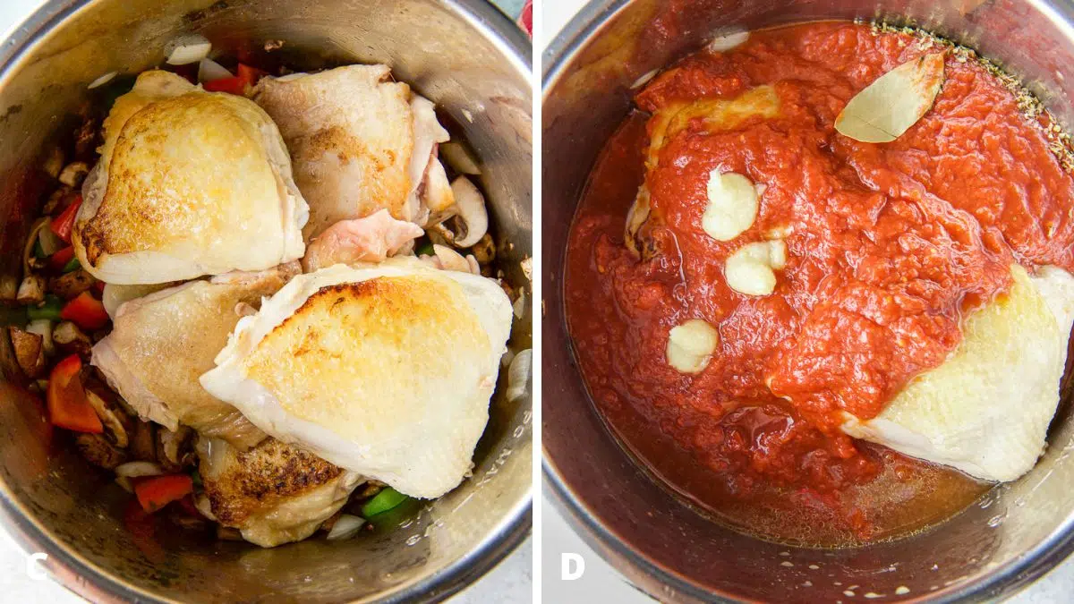 Left - chicken thighs on the vegetables in the pan. Right - crushed tomatoes, garlic, herbs on the chicken
