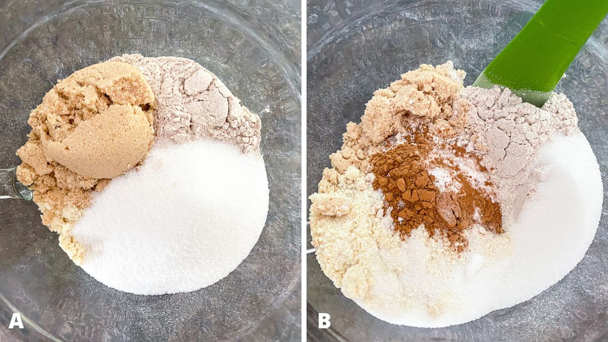 Left - flours and sugars in a clear bowl. Right - cinnamon and baking soda added to flour mixture