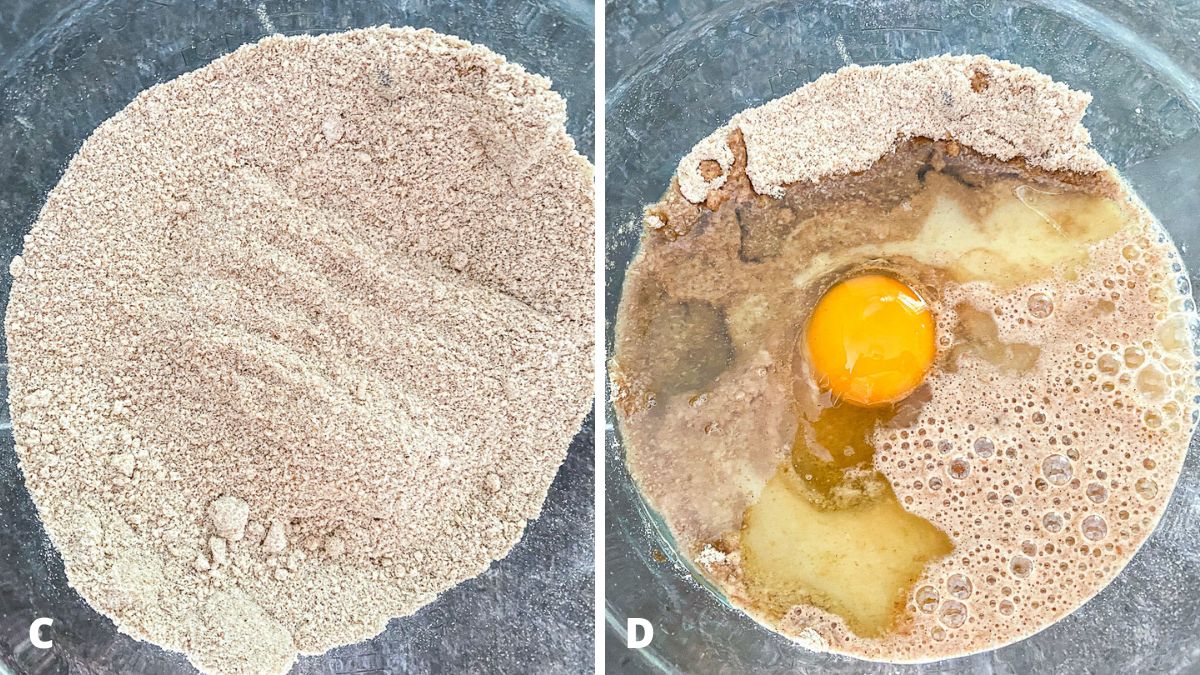 Left - dry ingredients mixed together. Right - wet ingredients added to dry ingredients
