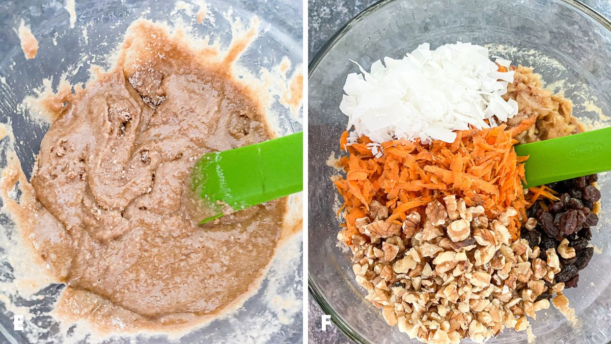 Left - dry and wet ingredients mixed together. Right - nuts, carrots, apple, coconut, and raisins added