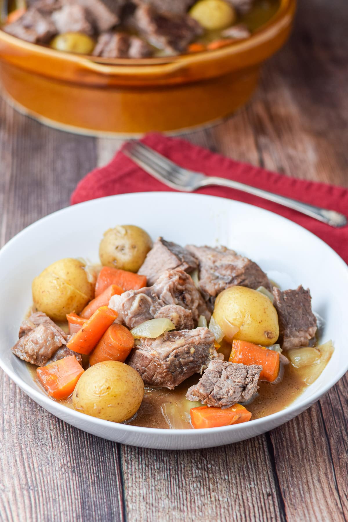 White plate with chunked pot roast in it with the big bowl behind
