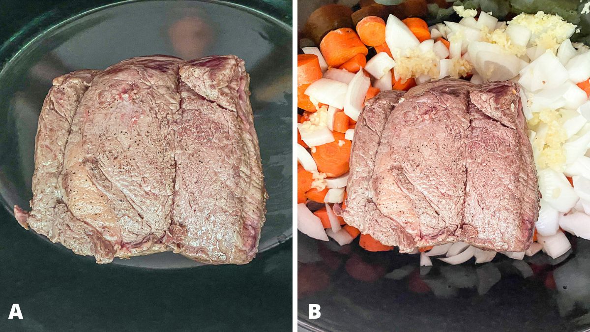 crock pot with meat, onions, carrots, and garlic