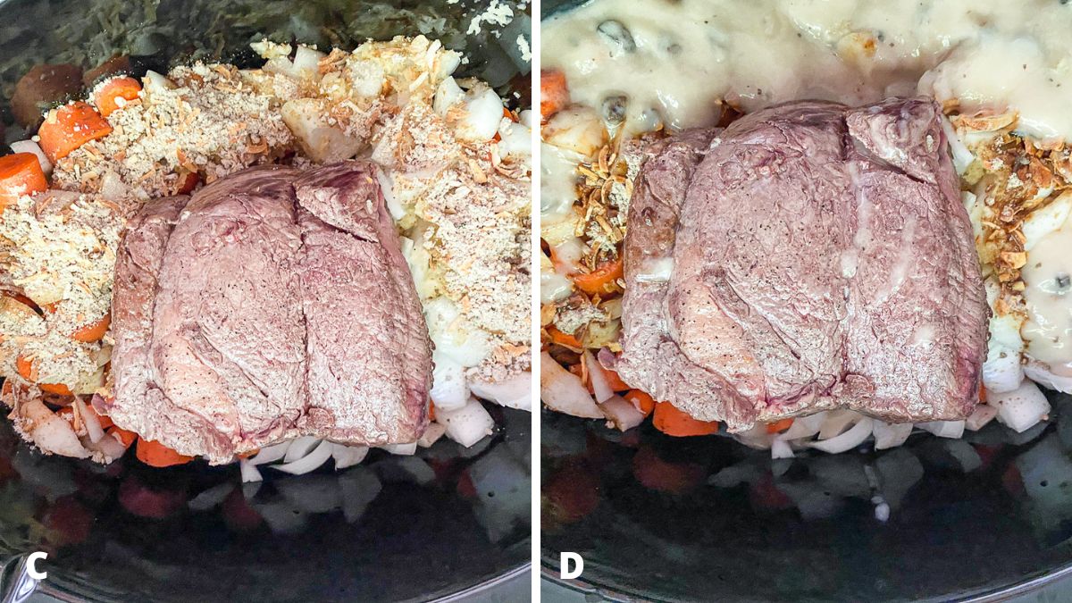 Dry soup mix and condensed mushroom soup in crock pot