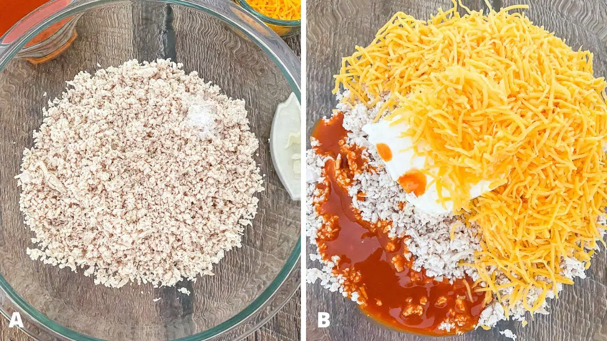 Left - shredded chicken and salt in a bowl. Right - cheese, cream cheese, and buffalo sauce in chicken