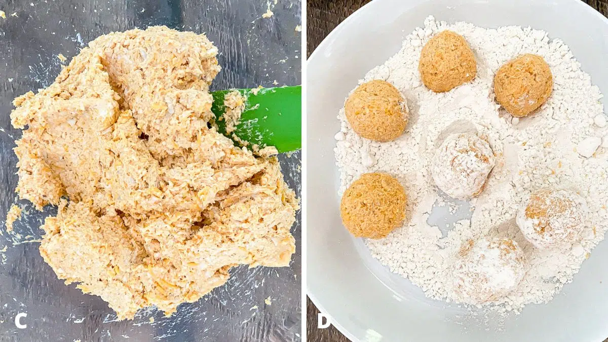 Left - chicken bites ingredients mixed together. Right - rolled chicken in flour