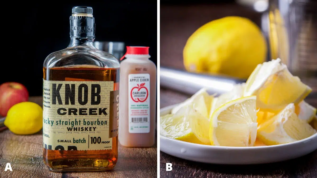 Left - bourbon, apple cider, lemon, and an apple. Right - cut up lemon on a plate with lemon in the back