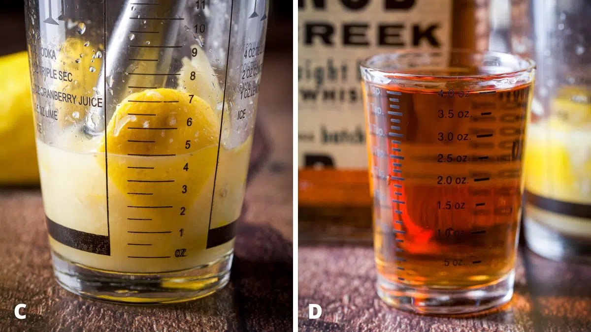 Left - a glass cocktail shaker with lemon muddled. Right - bourbon measured out