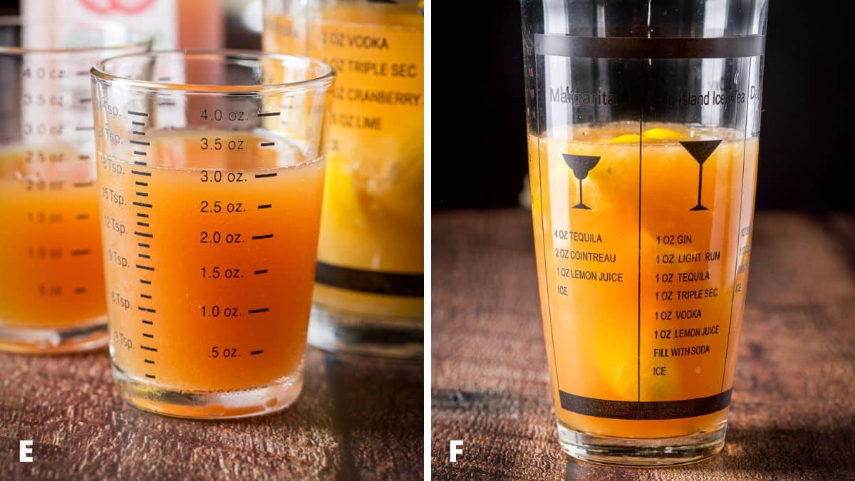 Apple cider measured out and the ingredients in the shaker