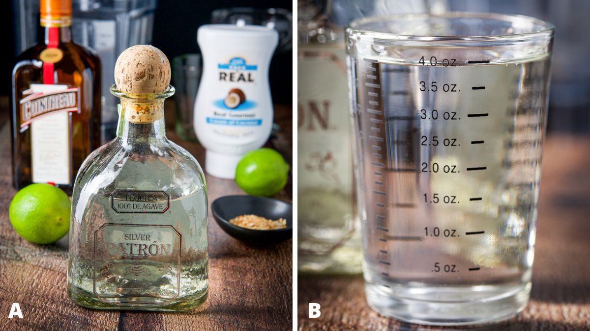 Left - tequila, cointreau, limes, coconut cream and toasted coconut. Right - tequila measured out