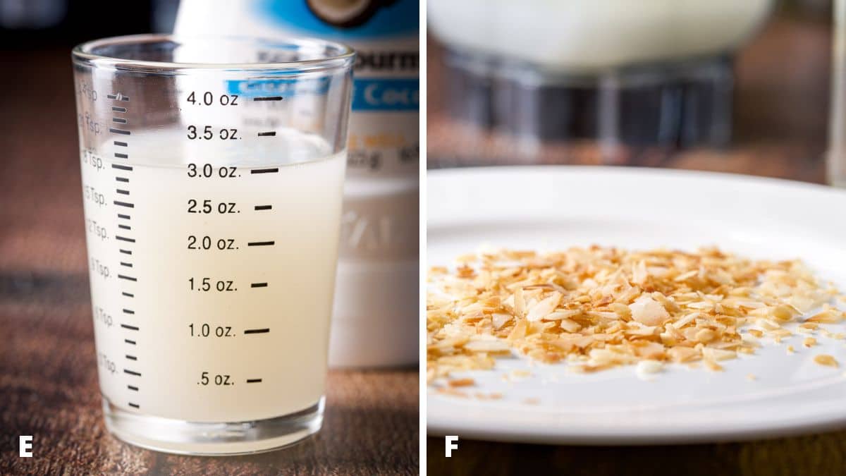 cream of coconut measured out and toasted coconut on a plate