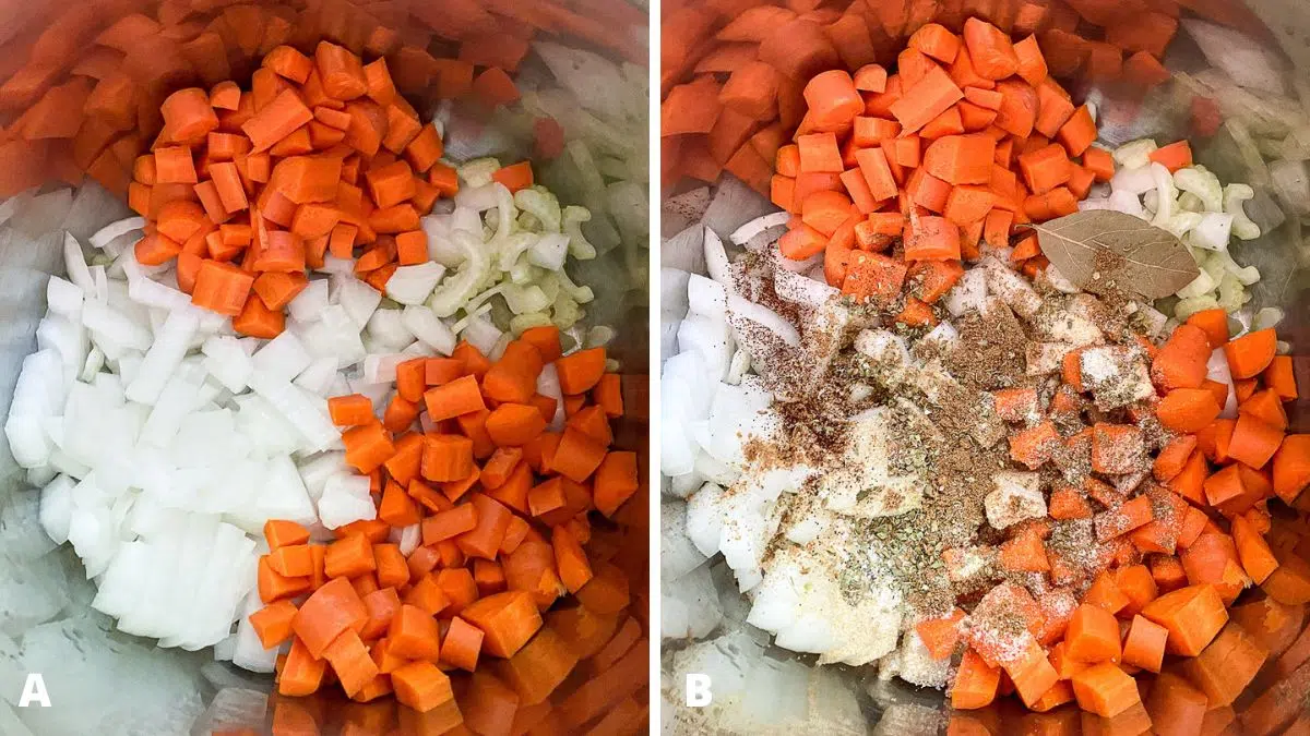 Overhead view of onions, carrots and celery in a pan - with herbs and spices in it