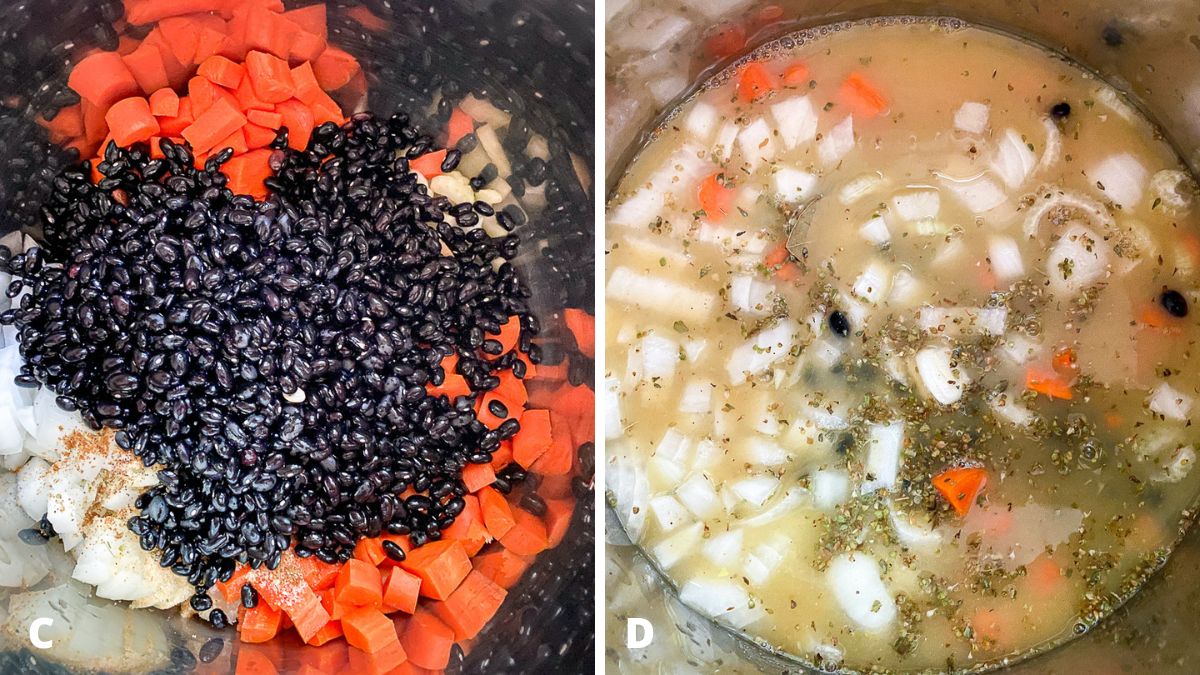 Black beans, and chicken broth added to the pan