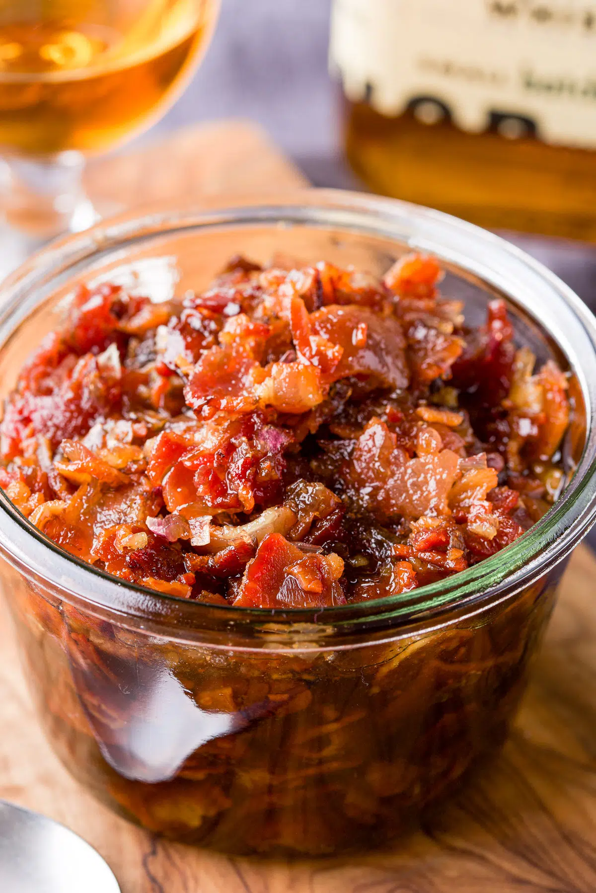 Close up of a jar with the bacon jam in it