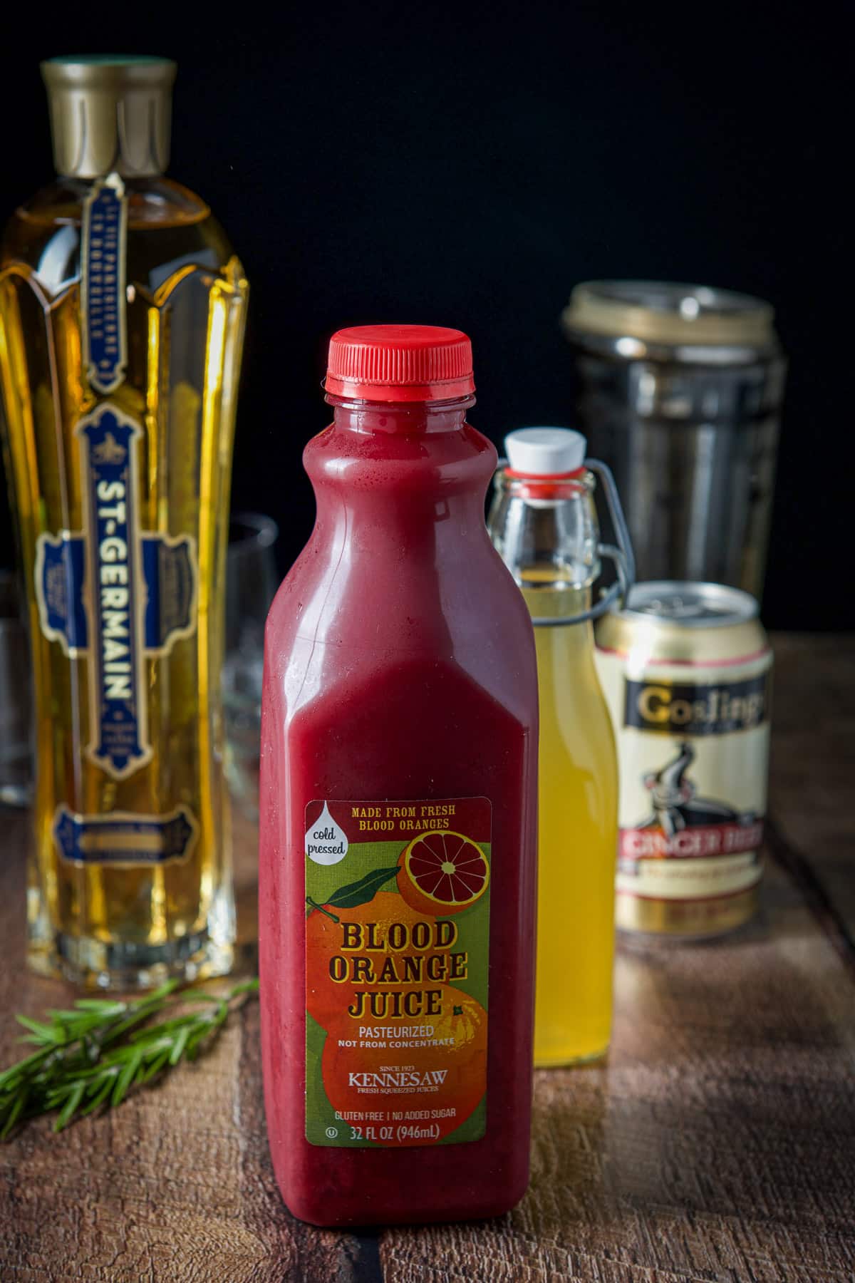 Blood orange juice, orange vodka, elderberry liqueur and ginger beer