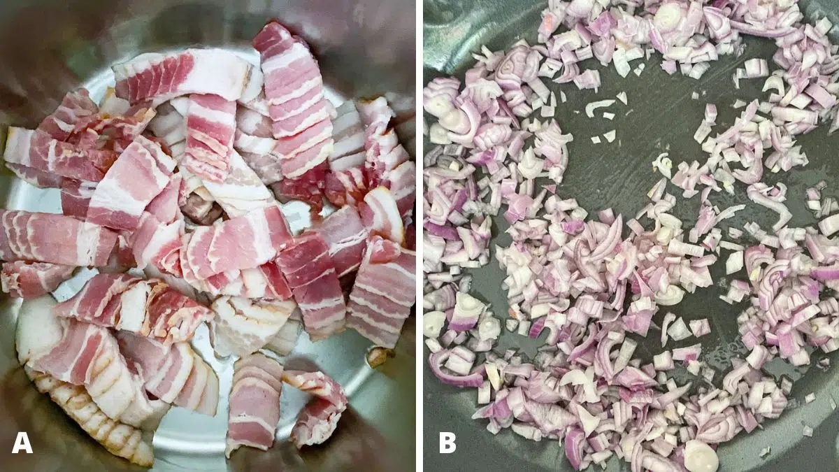 Left - raw bacon in a pan. Right - chopped shallots in oil in a pan